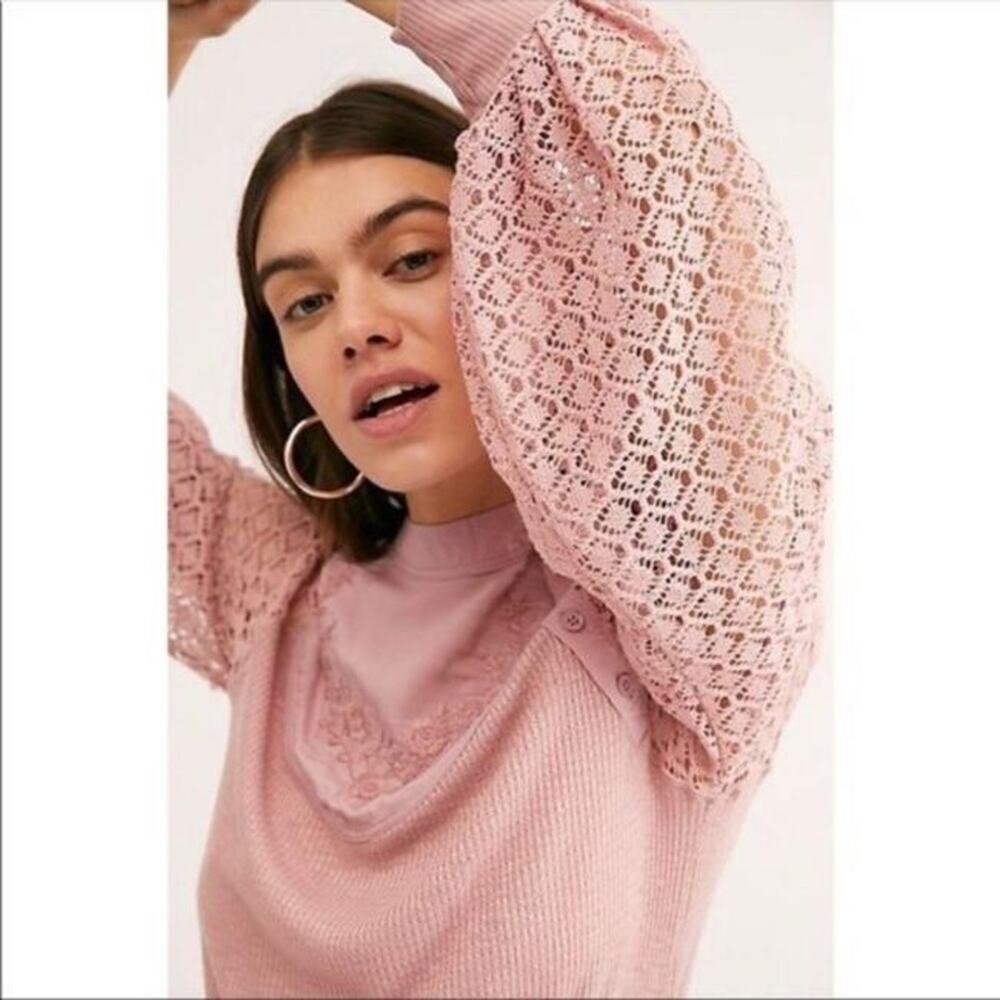 Free People Blush Pink Knit Lace Sleeve Pullover